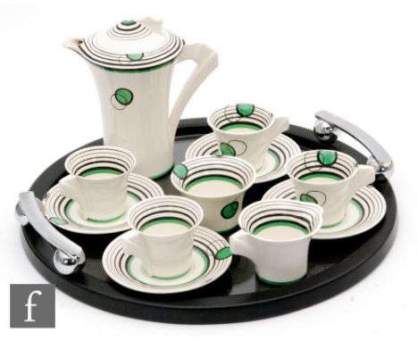 Clarice Cliff - Hello - A Daffodil shape coffee set for four comprising coffee pot, cream, sugar, four cups and saucers circa