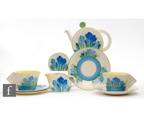 Clarice Cliff - Blue Crocus - A Bon Jour shape early morning breakfast service circa 1933, comprising teapot, milk, sugar, tw