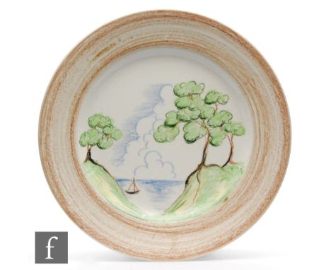 Clarice Cliff - Crayon Scenes - Coastal Scene - A circular plate circa 1935, hand decorated with a coastal landscape scene wi