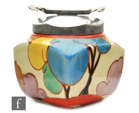 Clarice Cliff - Blue Autumn - A shape 516 sugar box circa 1930, hand painted with a stylised tree and cottage landscape, doub