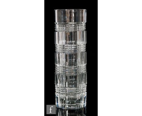 Unknown - A post war cylindrical hand blown clear glass vase with horizontal and vertical linear cutting, unmarked, height 30