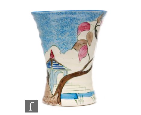 Clarice Cliff - Blue Japan - A small shape 572 vase circa 1933, hand painted with a stylised garden scene with pagoda and tre