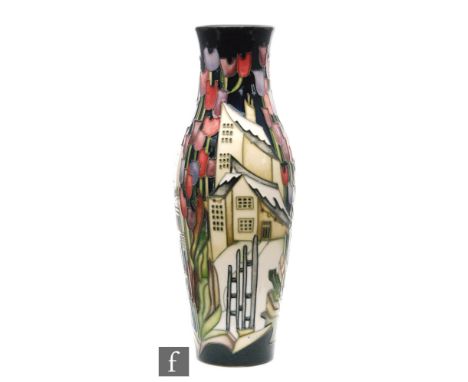 Kerry Goodwin - Moorcroft Pottery - A vase of slender form decorated in the Town of Flowers for Christmas pattern, impressed 