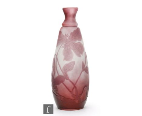 Galle - An early 20th Century cameo glass vase of ovoid form with waisted collar neck in amethyst cased over white and cut wi
