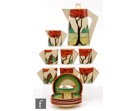 Clarice Cliff - Limberlost - A Conical coffee set circa 1932 hand painted and stylised tree and garden scene with graduated g