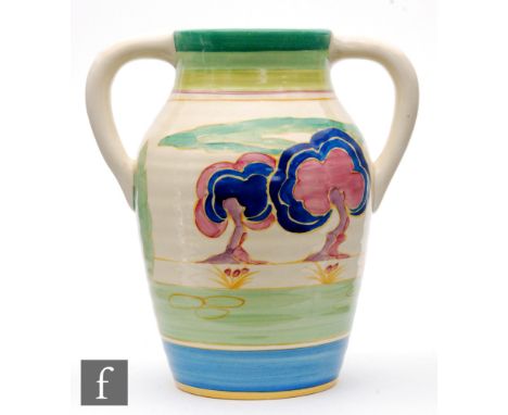 Clarice Cliff - Oasis - A double handled Isis vase circa 1933, hand painted with a stylised landscape with trees and bushes b