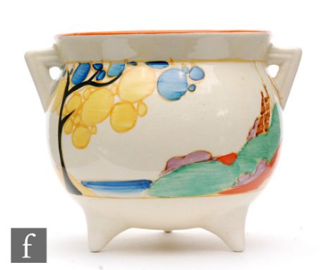 Clarice Cliff - Secrets - Seven Colour - A large Cauldron circa 1932, hand painted with a stylised tree and cottage coastal l