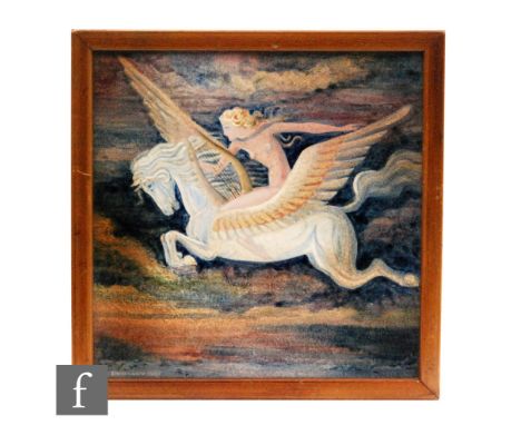 S. S Simonaky - A 1930s Art Deco square panel decorated with a hand painted nude female holding a harp on a white pegasus, al