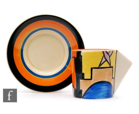 Clarice Cliff - Sunray (Night &amp; Day) - A conical shape coffee can and saucer circa 1930, hand painted with an abstract ci
