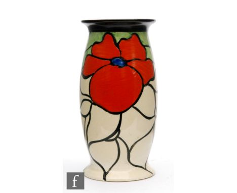 Clarice Cliff - Scarlet Flower - A shape 265 vase circa 1928, hand painted with a stylised red bloom with foliage over a stai