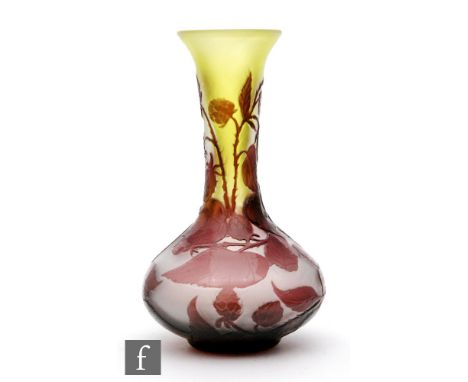 Galle - An early 20th Century cameo glass vase of compressed ovoid form with collar neck and flared rim, cased in amethyst ov