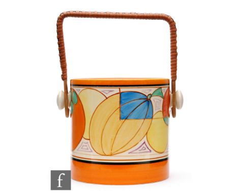 Clarice Cliff - Melon - A Hereford shape biscuit barrel circa 1930, hand painted with a band of abstract fruit between orange