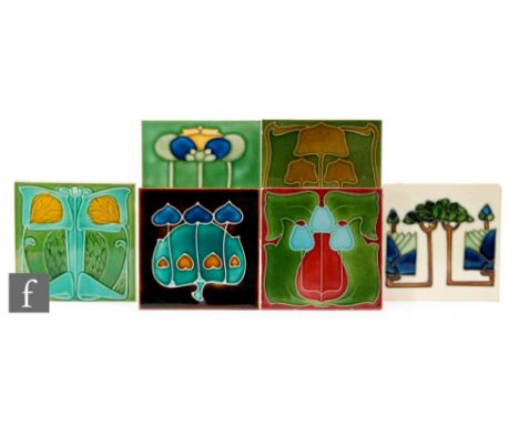 Unknown - Six assorted early 20th Century 6in dust pressed tiles each decorated in the Art Nouveau and Secessionist style wit