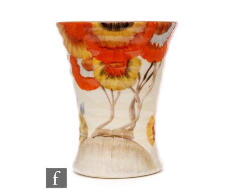 Clarice Cliff - Rhodanthe - A small shape 572 vase circa 1935, hand painted with a stylised tree landscape with tonal brown a