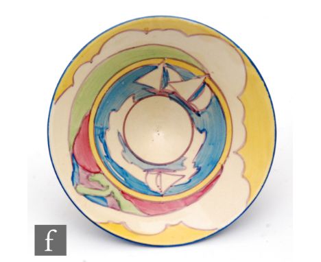 Clarice Cliff - Gibraltar - A small conical bowl circa 1932, hand painted with a stylised coastal landscape with sailing boat