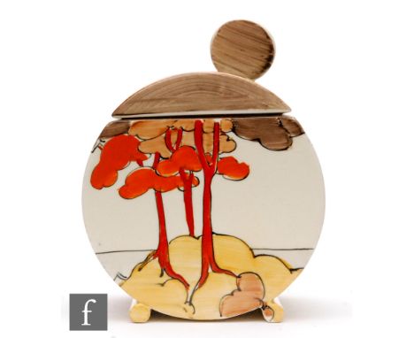 Clarice Cliff - Coral Firs - A Bon Jour shape preserve pot and cover circa 1933, hand painted with a stylised tree lined coas