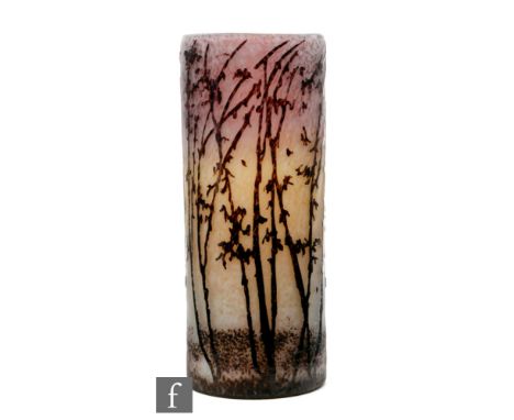 Unknown - A later 20th Century studio glass vase of sleeve form, cased in mottled amethyst over mottled lilac and citron and 