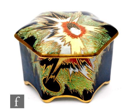 Violet Elmer - Carlton Ware - A 1930s Art Deco hexagonal trinket box decorated in the Explosions pattern, script mark, diamet