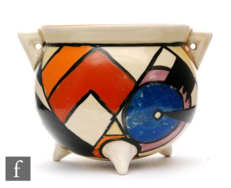 Clarice Cliff - Lightening - A cauldron circa 1930, hand painted with an abstract target and zig zag design with orange and b