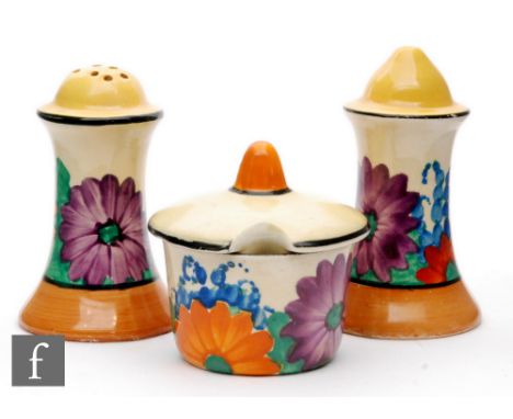 Clarice Cliff - Gay Day - A Muffiner cruet set hand painted with stylised flowers and foliage between yellow black and brown 