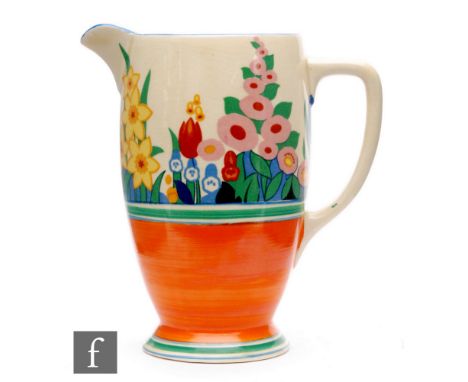 Clarice Cliff - Chloris - A Coronet shape jug circa 1932, transfer printed with a band of stylised flowers and foliage above 