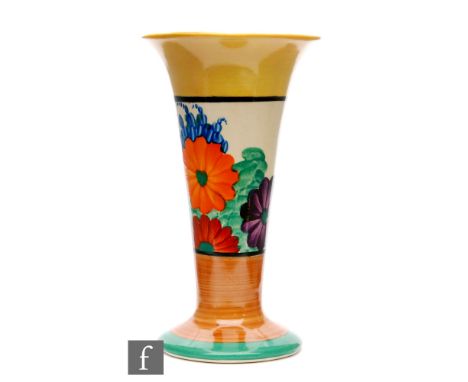 Clarice Cliff - Gay Day - A shape 280 trumpet vase circa 1930, hand painted with a band of stylised flowers and foliage betwe