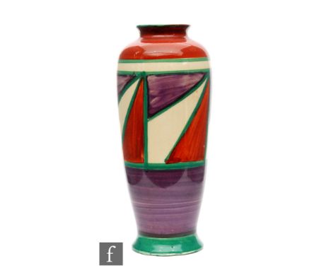 Clarice Cliff - Original Bizarre - A shape 186 vase circa 1929, hand painted with a band of triangles in rust red, purple and