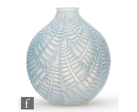 Rene Lalique - An Espalion vase, number 2897, moulded with overlapping ferns picked out with a blue stain, wheel engraved mar