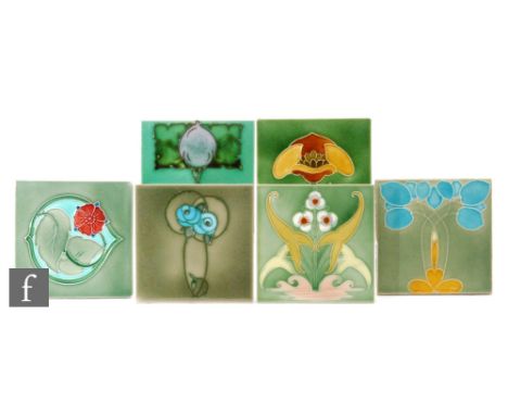 Unknown - Six assorted early 20th Century 6in dust pressed tiles each decorated in the Art Nouveau and Secessionist style wit