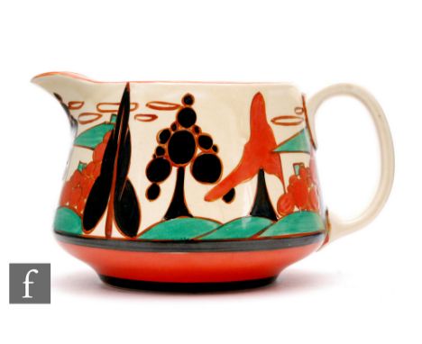 Clarice Cliff - Red Trees &amp; House - A Crown shape jug circa 1930, hand painted with a stylised tree and cottage landscape