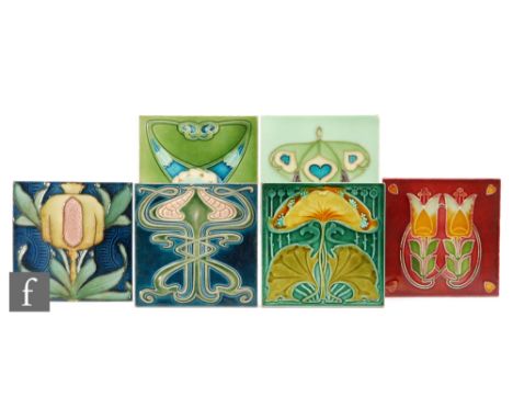 Unknown - Six assorted early 20th Century 6in dust pressed tiles each decorated in the Art Nouveau and Secessionist style wit