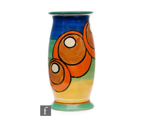 Clarice Cliff - Bowling - A shape 265 vase circa 1929, hand painted with overlapping circular forms to a banded ground, Bizar