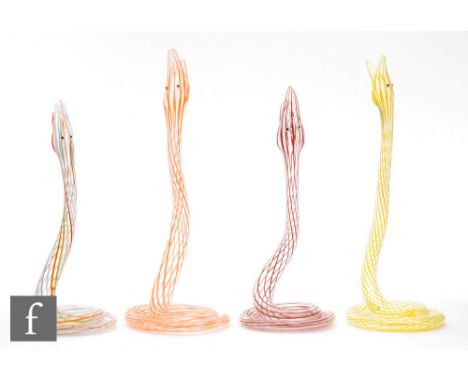 Fritz Lampl - Bimini - A collection of four post war lampworked bud vases formed as snakes, with internally coloured trails, 
