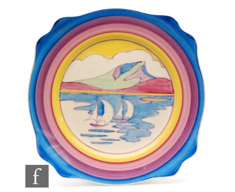 Clarice Cliff - Gibraltar - A Leda shape plate circa 1932, hand painted with sailing boats before a coastal scene with blue, 
