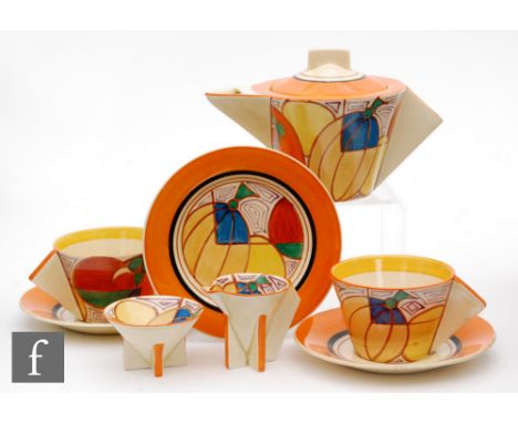 Clarice Cliff - Melon - A Conical early morning breakfast service circa 1930/31, hand painted with abstract fruit between bla