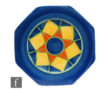 Clarice Cliff - Original Bizarre - An octagonal plate circa 1928, hand painted with a radial geometric design in orange, yell