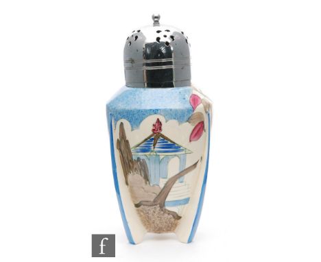 Clarice Cliff - Blue Japan - A shape 478 sugar sifter circa 1933, hand painted with a stylised garden scene with pagoda and t