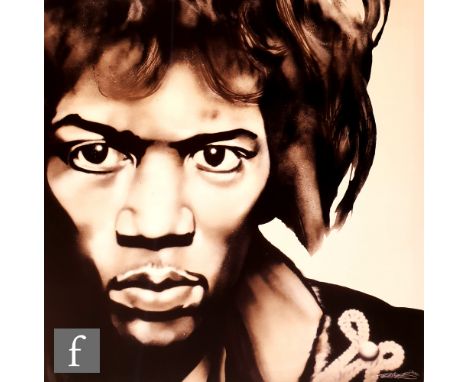 Temper AKA Aaron Bird (B. 1971) - 'Jimi Hendrix- Left Hand Hero', from the 'Good Die Young' series, monochrome giclee print o