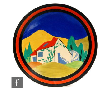 Clarice Cliff - Applique Lugano - A dish form wall plaque circa 1930, hand painted with a watermill to a landscape setting wi