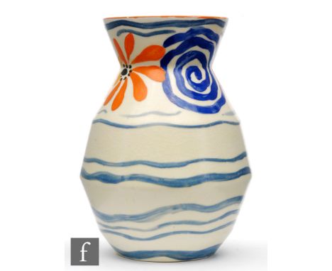 Clarice Cliff - Latona Flowerheads - A shape 360 vase circa 1929, hand painted with a band of stylised flowers and blue wave 