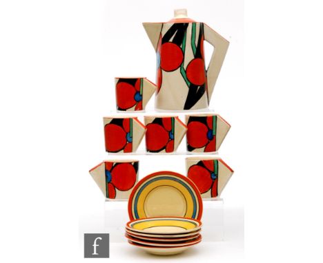 Clarice Cliff - Picasso Flower (Red) - A Conical shape part coffee service comprising coffee pot and cover, six coffee cans a