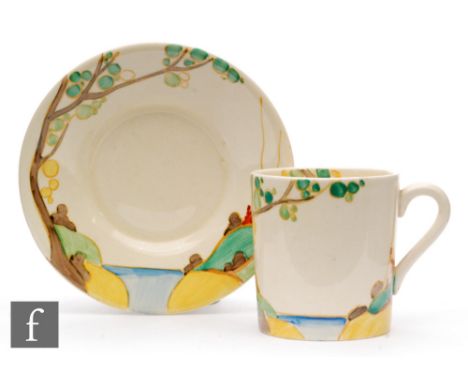 Clarice Cliff - Secrets - A tankard shape coffee can and saucer circa 1937, hand painted with a stylised tree and cottage coa
