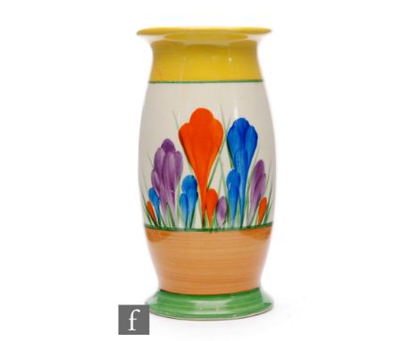 Clarice Cliff - Crocus - A shape 265 vase circa 1930, hand painted with Crocus sprays between yellow, green and brown banding