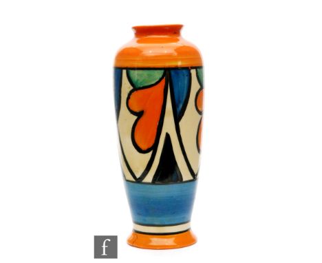 Clarice Cliff - Double V - A shape 186 vase circa 1930, hand painted with stylised leaf motifs and triangles with black and o