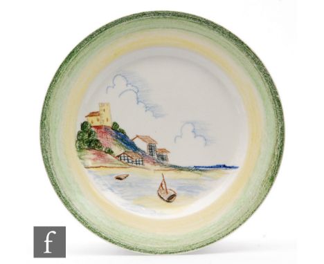 Clarice Cliff - Crayon Scene - Peel - A circular plate circa 1936, hand decorated with a coastal scene with a sailing boat at