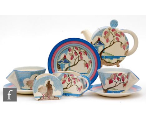 Clarice Cliff - Blue Japan - A Bon Jour shape early morning breakfast service circa 1933, comprising teapot, milk, sugar, two