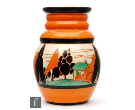 Clarice Cliff - Orange Trees &amp; House - A shape 358 vase circa 1930, hand painted with a stylised tree and cottage landsca