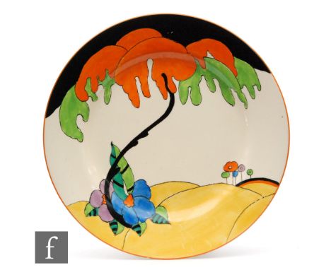 Clarice Cliff - Woodland - A large circular plate circa 1930, transfer printed and painted with a stylised tree landscape, Bi