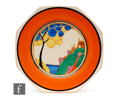 Clarice Cliff - Secrets - Seven Colour - An octagonal plate circa 1933, hand painted with a stylised tree and cottage coastal