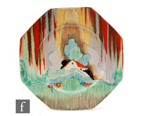 Clarice Cliff - Forest Glen - An octagonal plate circa 1935, hand painted with a stylised tree and cottage landscape beneath 